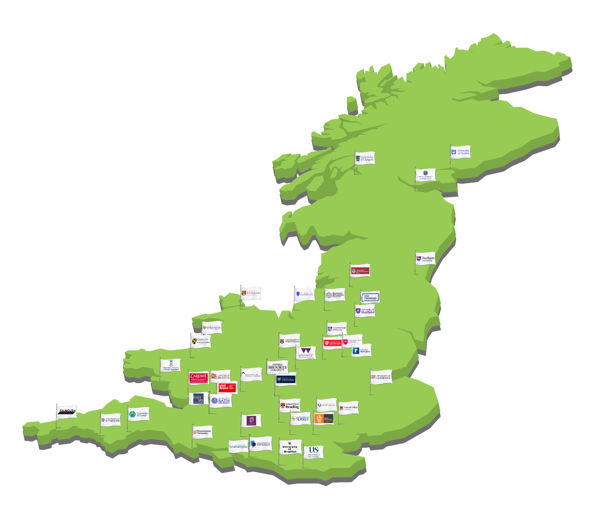 Map highlighting the university destinations of Kennet School Sixth Form students across England, Scotland, and Wales in 2024