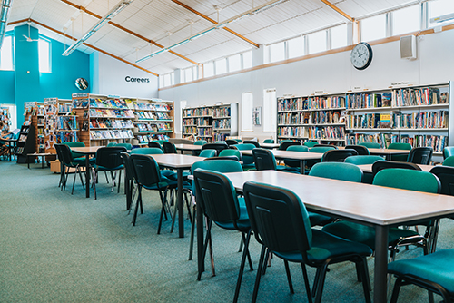 The School Library View of the school library with bookshelves