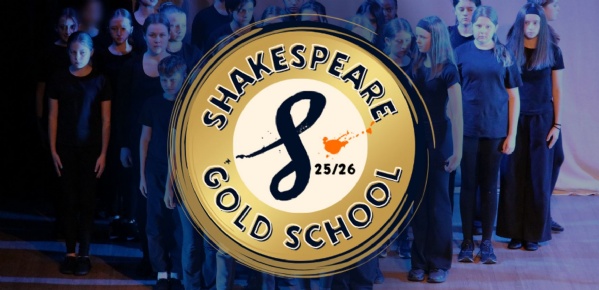 Shakespeare Gold Accreditation Logo pasted on top of a picture of Drama pupils in performance