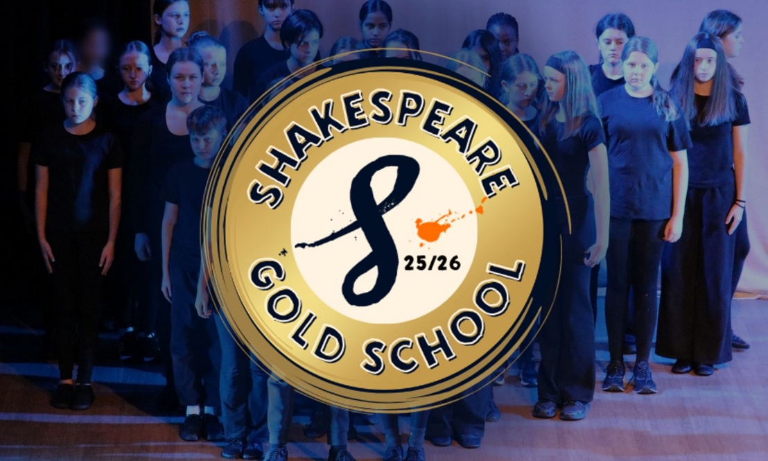 Shakespeare Gold Accreditation Logo pasted on top of a picture of Drama pupils in performance